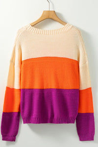 Color Block Drop Shoulder Round Neck Sweater - Trandify Deal