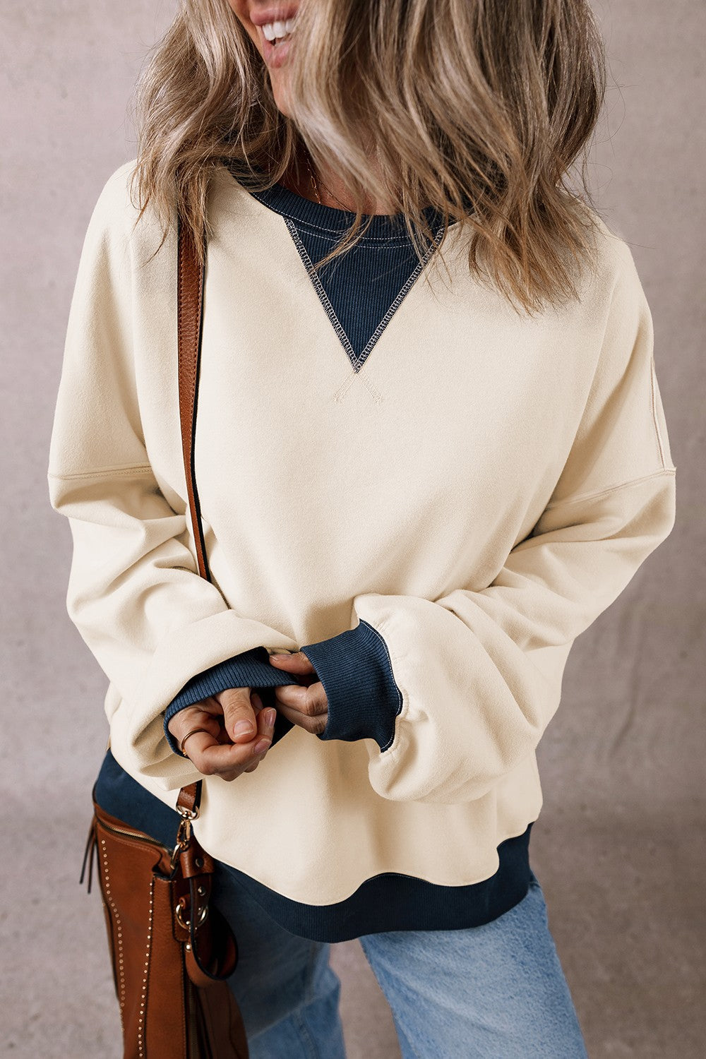 Contrast Round Neck Long Sleeve Sweatshirt Trandify Deal