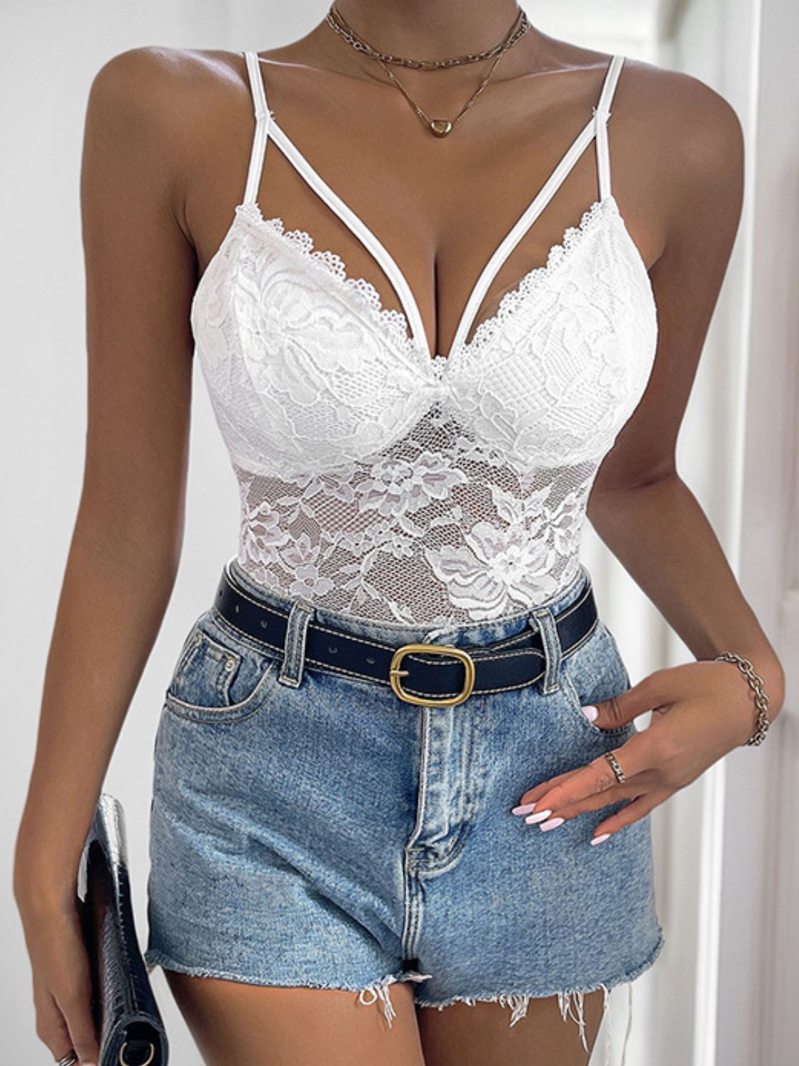 Perfee Spaghetti Strap Lace Bodysuit Trandify Deal