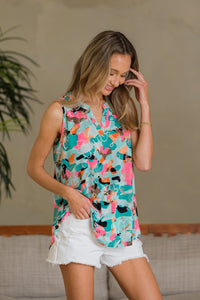 Sew In Love Wrinkle-Free Floral Notched Tank Trandify deal