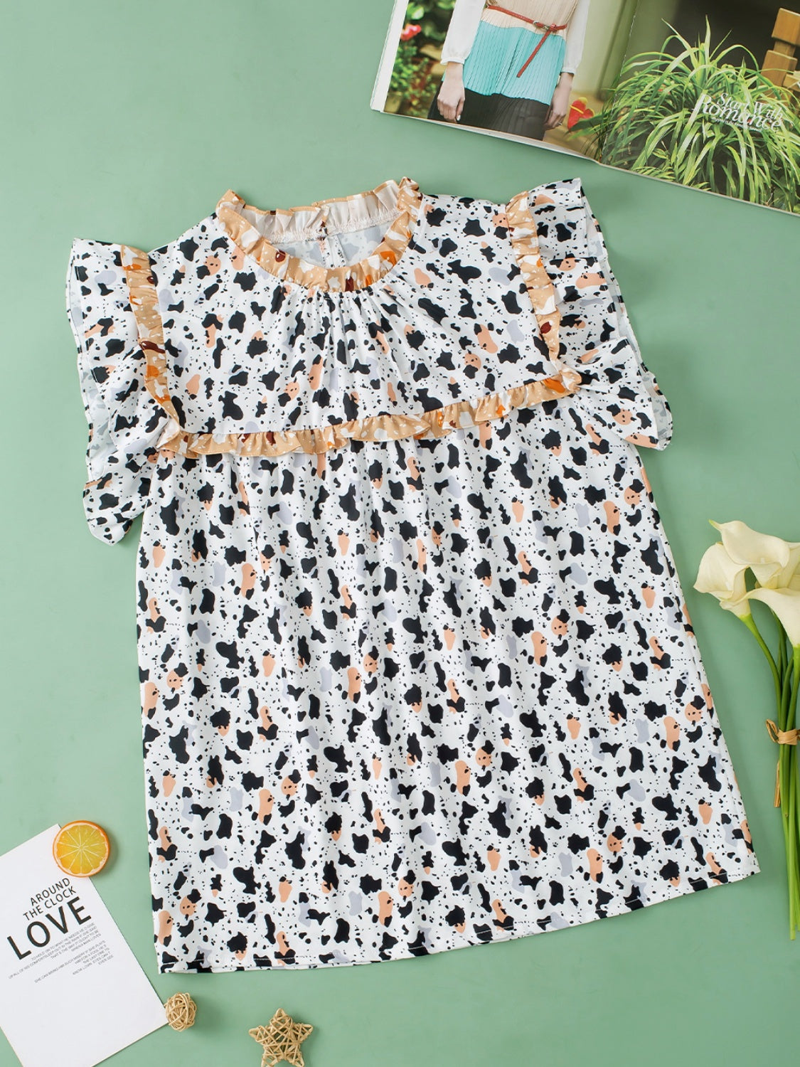 Ruffled Printed Mock Neck Cap Sleeve Blouse Trandify deal