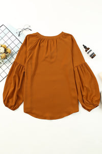 Ruched Notched Balloon Sleeve Blouse Trandify deal