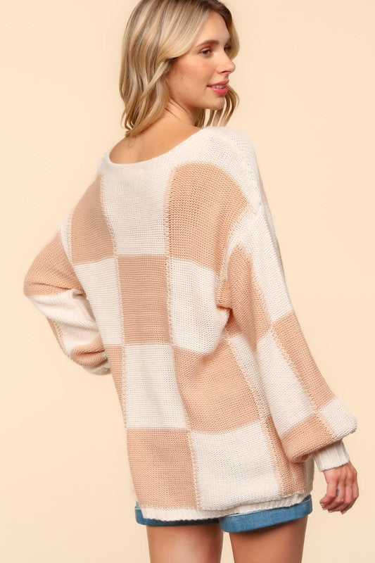 Haptics Full Size Checkered Round Neck Drop Shoulder Sweater Trandify Deal