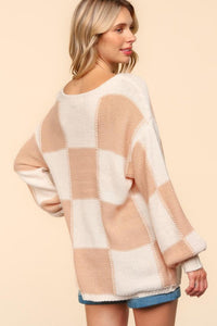 Haptics Full Size Checkered Round Neck Drop Shoulder Sweater Trandify Deal