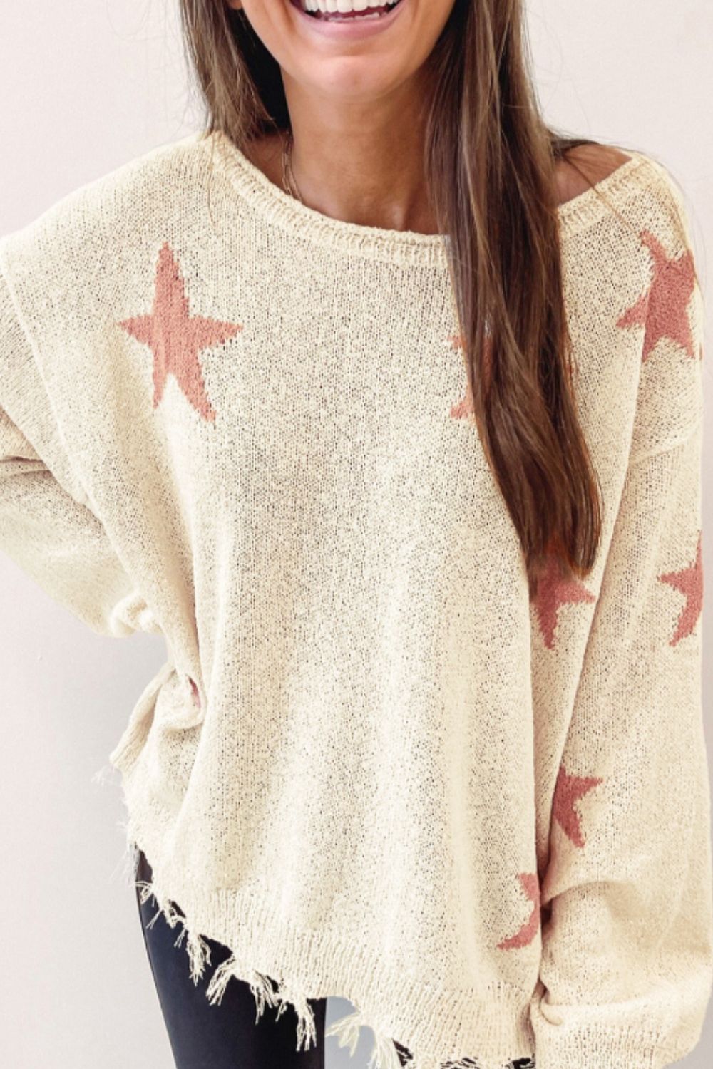 Contrast Star Raw Hem Long Sleeve Knit Top Trandify deal
