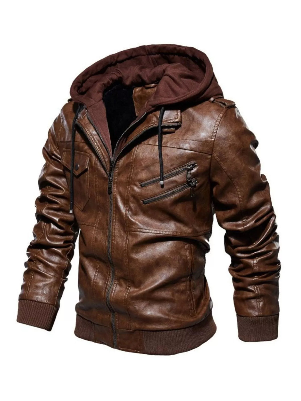 men's zip up hooded jacket in Brown, thick PU leather streetwear coat