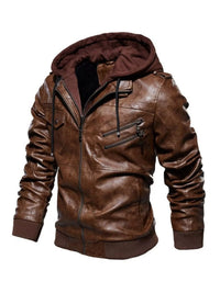 men's zip up hooded jacket in Brown, thick PU leather streetwear coat