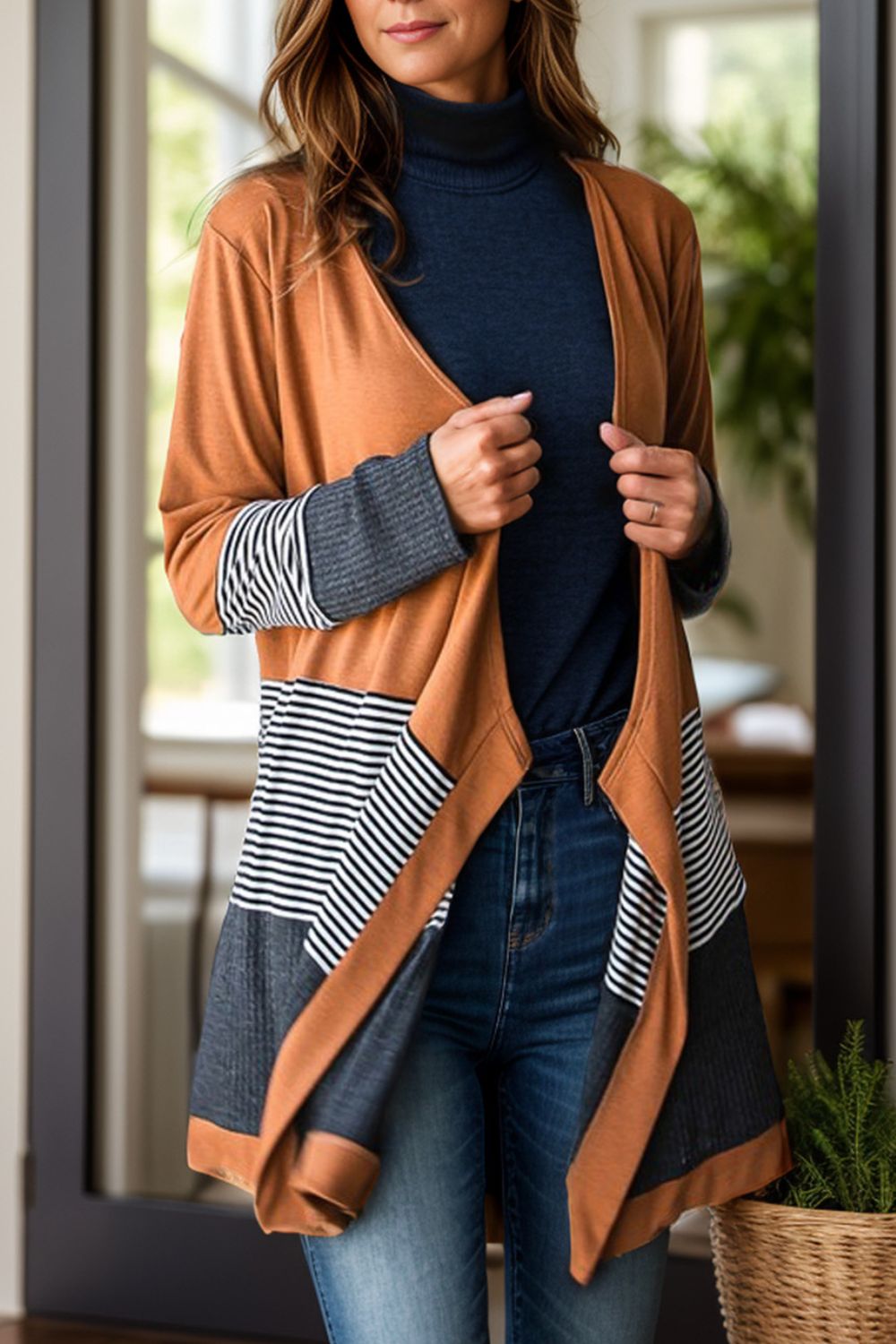 Striped Open Front Long Sleeve Cover Up Trandify Deal