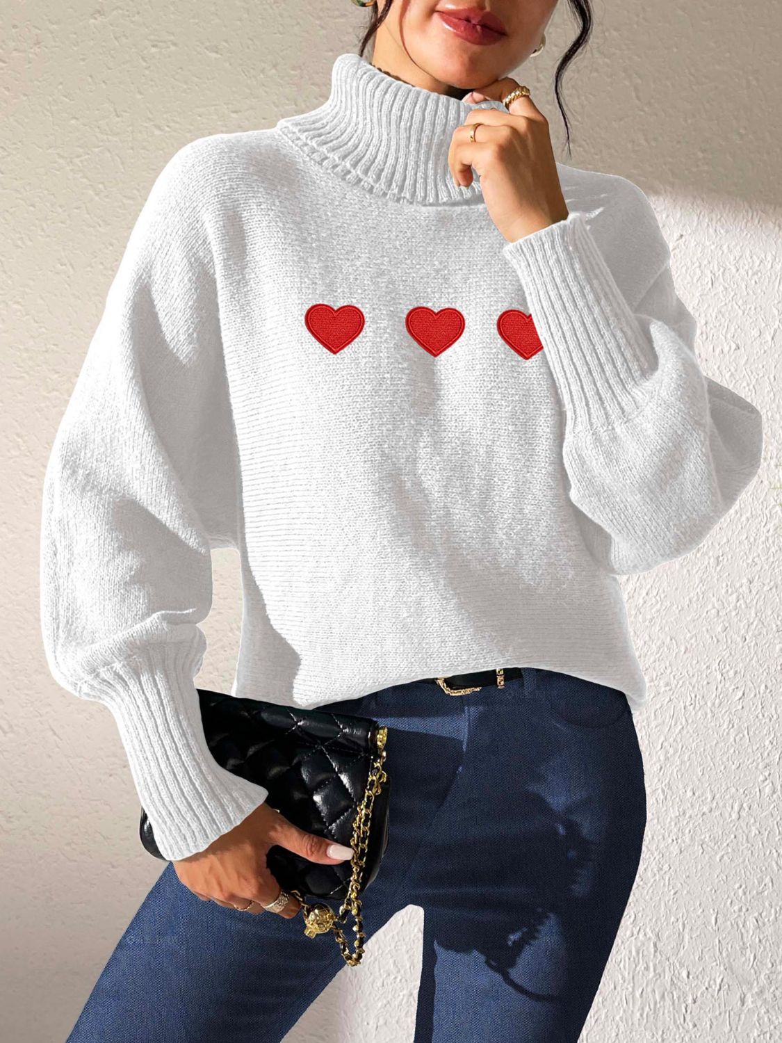 Heart Turtleneck Long Sleeve Sweater Trandify Deal