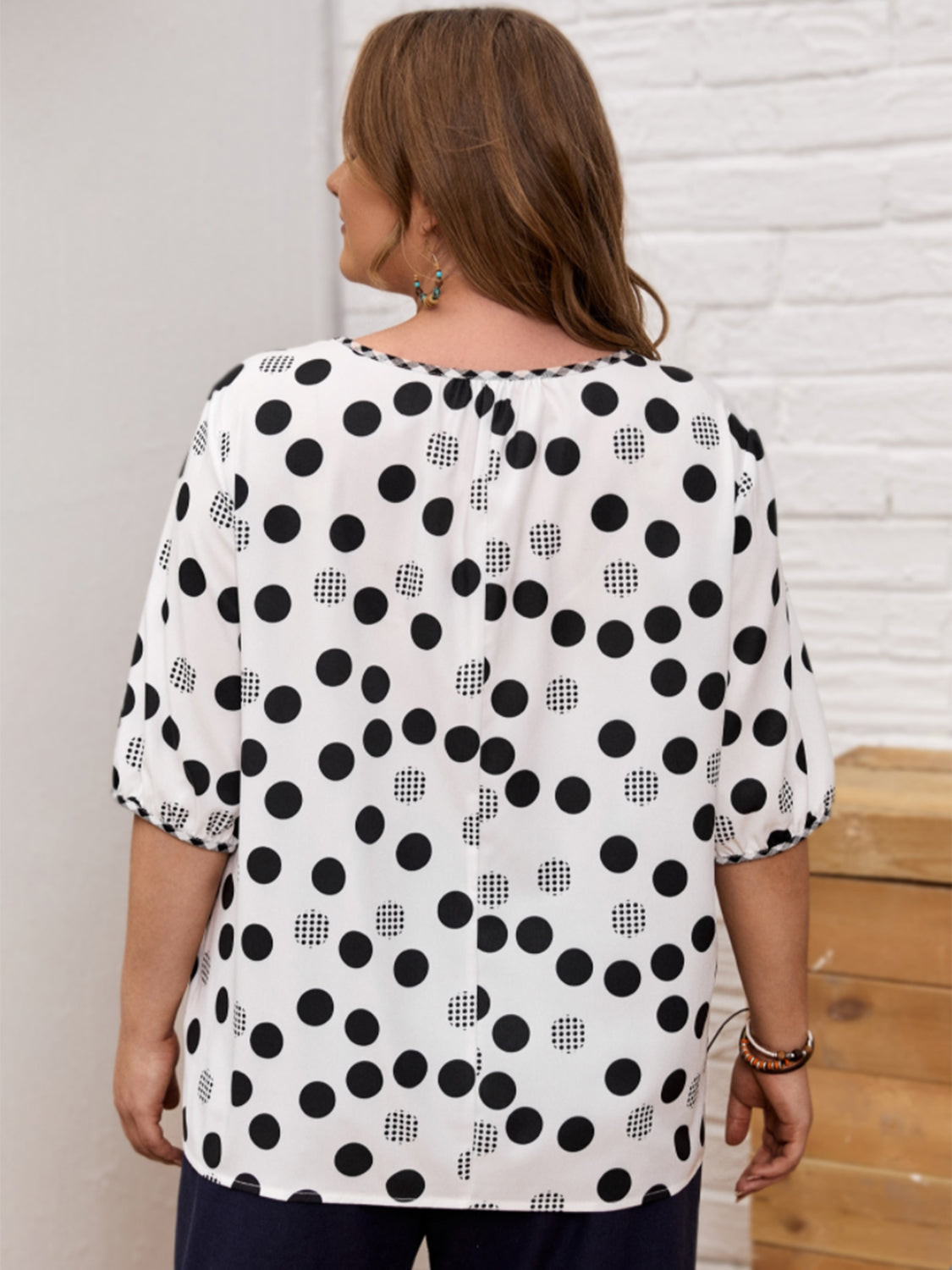 Plus Size Polka Dot Round Neck Half Sleeve Blouse Trandify deal