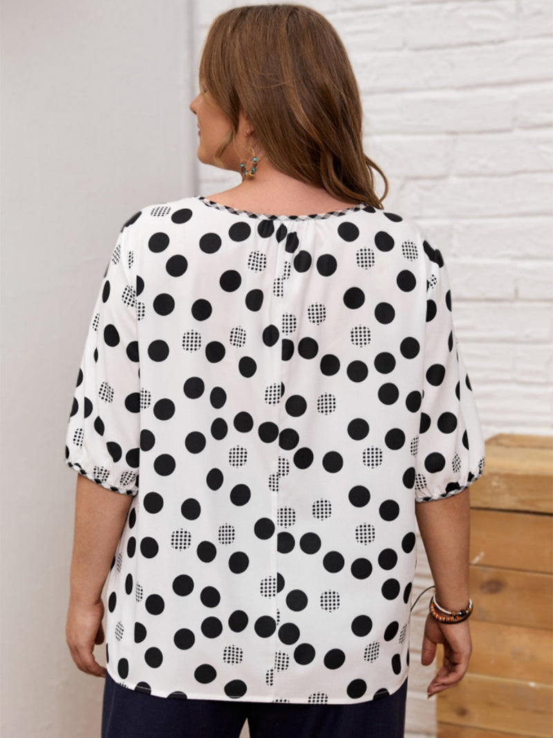 Plus Size Polka Dot Round Neck Half Sleeve Blouse Trandify deal