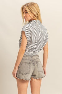 Striped Elastic Hem Blouse with Johnny collar and cap sleeves on a mannequin.