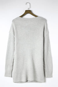 Side Slit Boat Neck Long Sleeve Sweater Trandify Deal