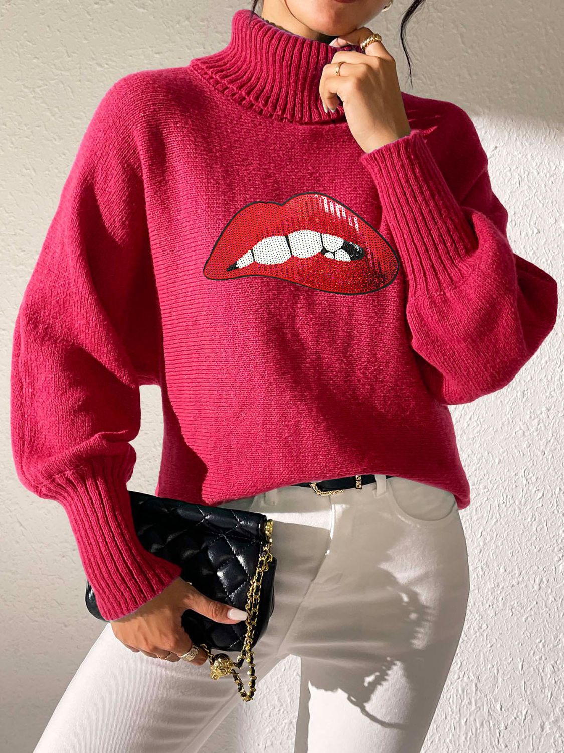 Lip Turtleneck Long Sleeve Sweater Trandify Deal