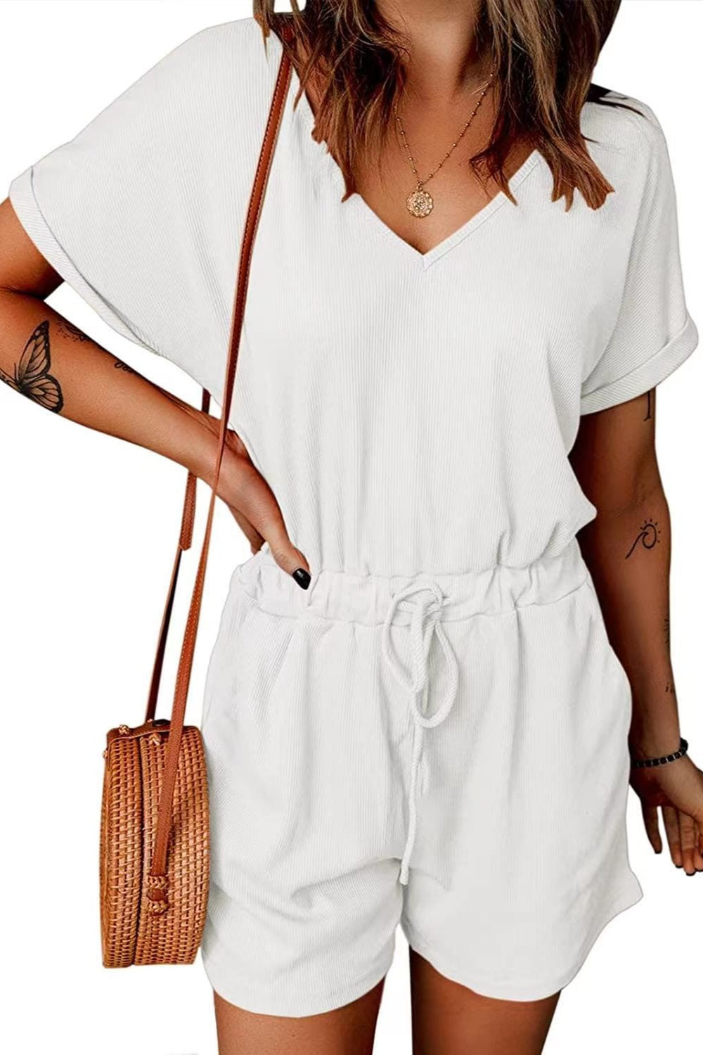 Full Size Drawstring V-Neck Short Sleeve Romper Trandify deal