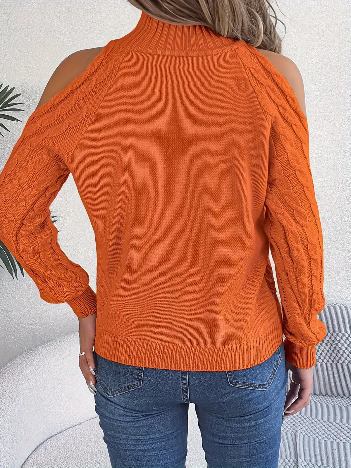Women's Cold Shoulder Sweater | Cable Knit Turtleneck