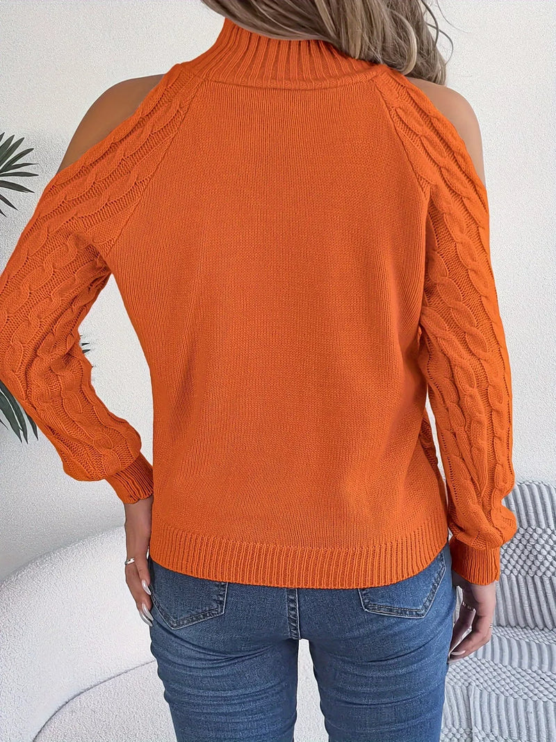Women's Cold Shoulder Sweater | Cable Knit Turtleneck