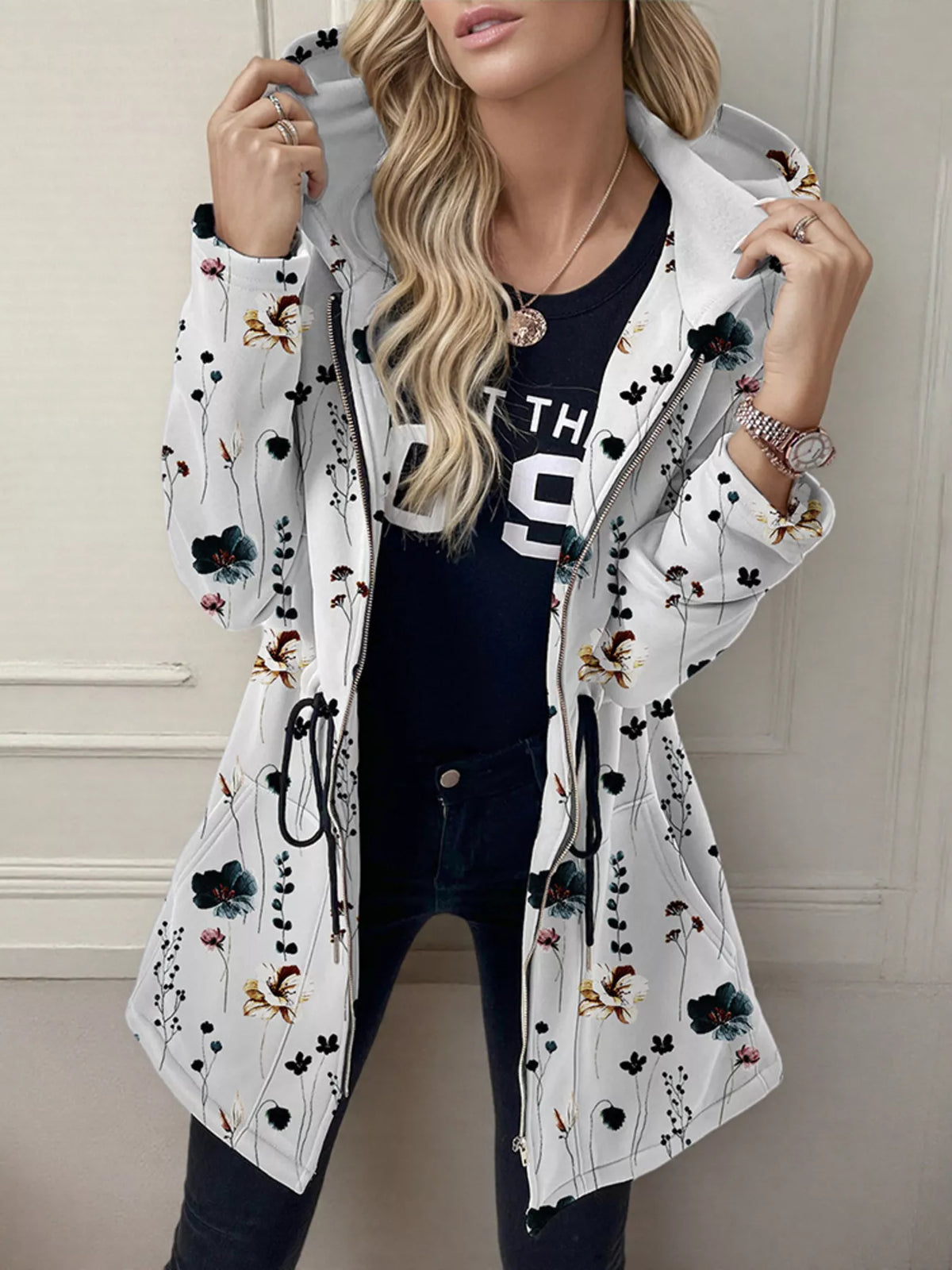 Women's lightweight zip up hoodie jacket in White with front pockets.