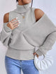 Oversized Cold Shoulder Sweater in Gray knit worn with denim jeans