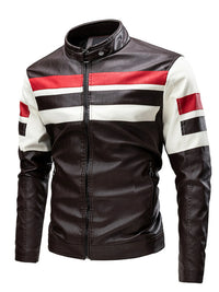 Plus size men's Brown PU leather biker jacket with white contrast zipper, laid flat