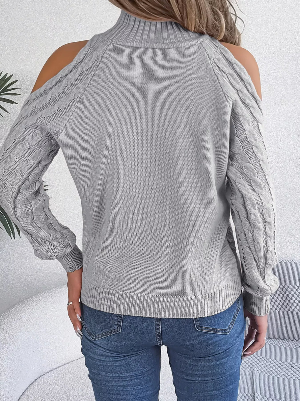 Women's Cold Shoulder Sweater | Cable Knit Turtleneck