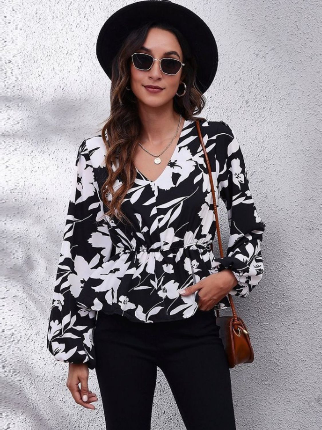 Printed V-Neck Long Sleeve Blouse Trandify Deal