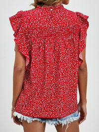 Ruffled Ditsy Floral Mock Neck Cap Sleeve Blouse Trandify deal