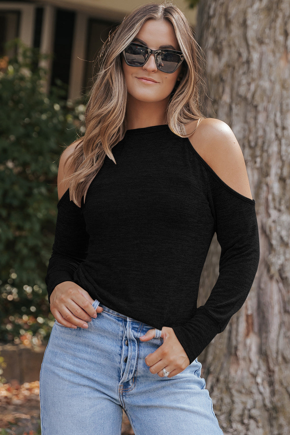 Round Neck Cold Shoulder Long Sleeve Top Trandify Deal