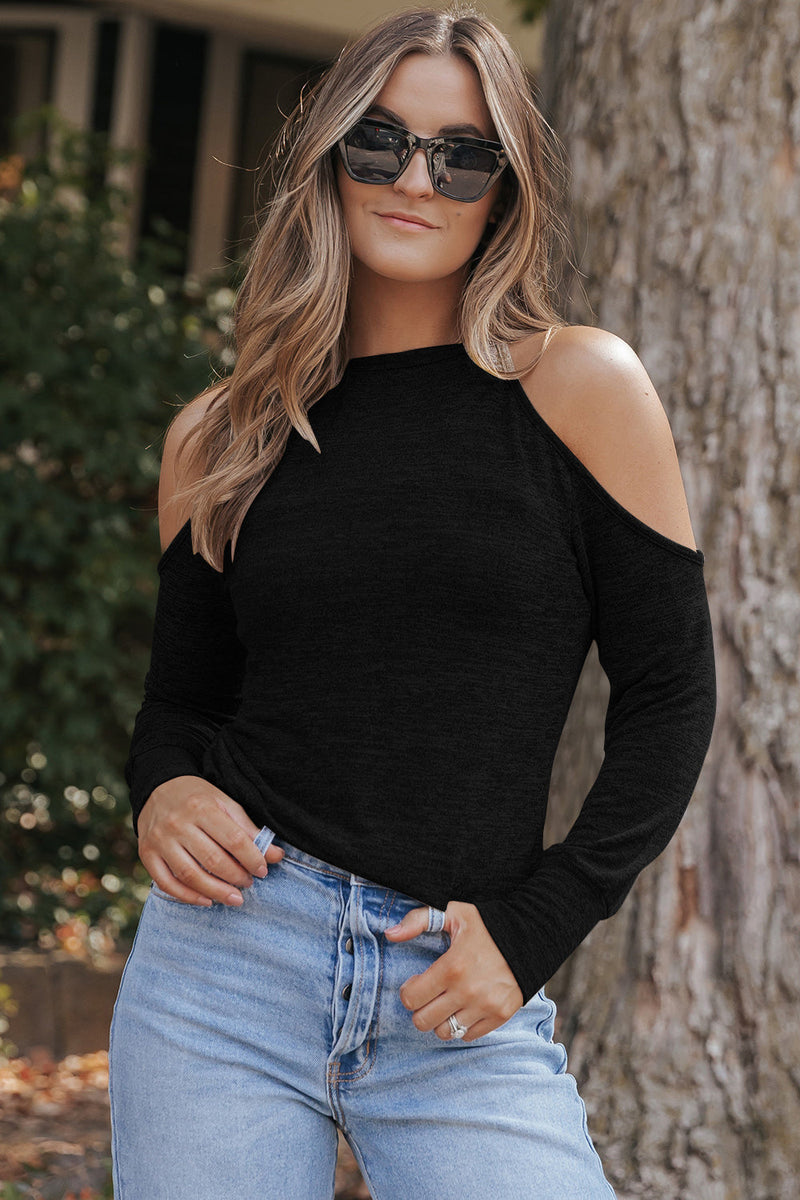 Round Neck Cold Shoulder Long Sleeve Top Trandify Deal