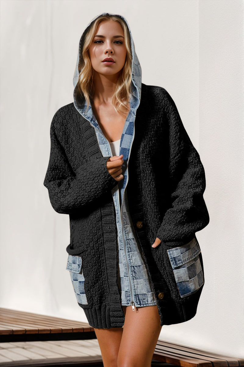 Double Take Full Size Hooded Denim Spliced Sweater Cardigan Trandify Deal