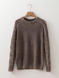 Women's beige cable knit cotton sweater casual crewneck pullover