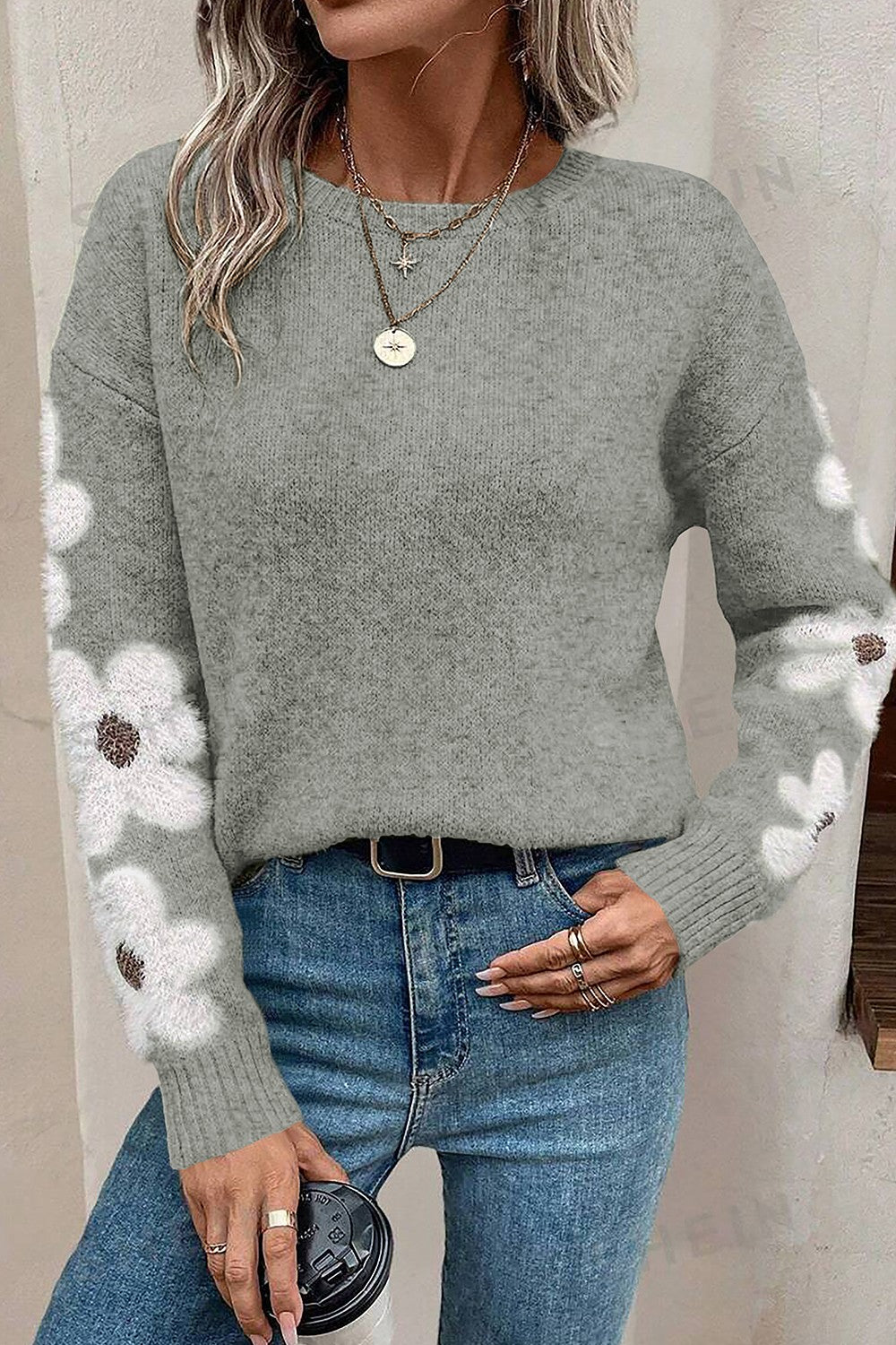 Flower Round Neck Long Sleeve Sweater Trandify Deal