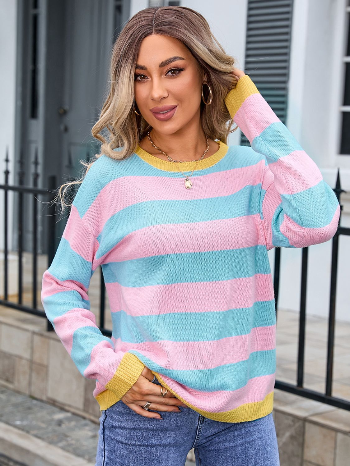 Angel wings Striped Round Neck Dropped Shoulder Sweater Trandify Deal