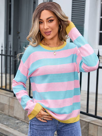 Angel wings Striped Round Neck Dropped Shoulder Sweater Trandify Deal