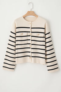 Striped Button Up Round Neck Cardigan Trandify Deal