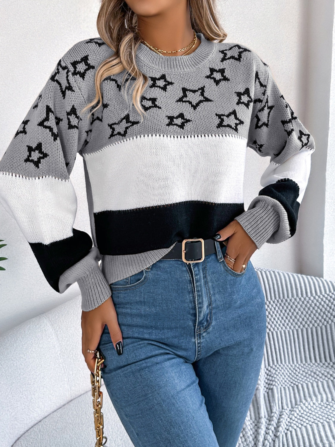 Star Contrast Round Neck Sweater Trandify Deal