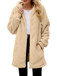 Fuzzy Pocketed Zip Up Long Sleeve Hooded Jacket Trandify Deal