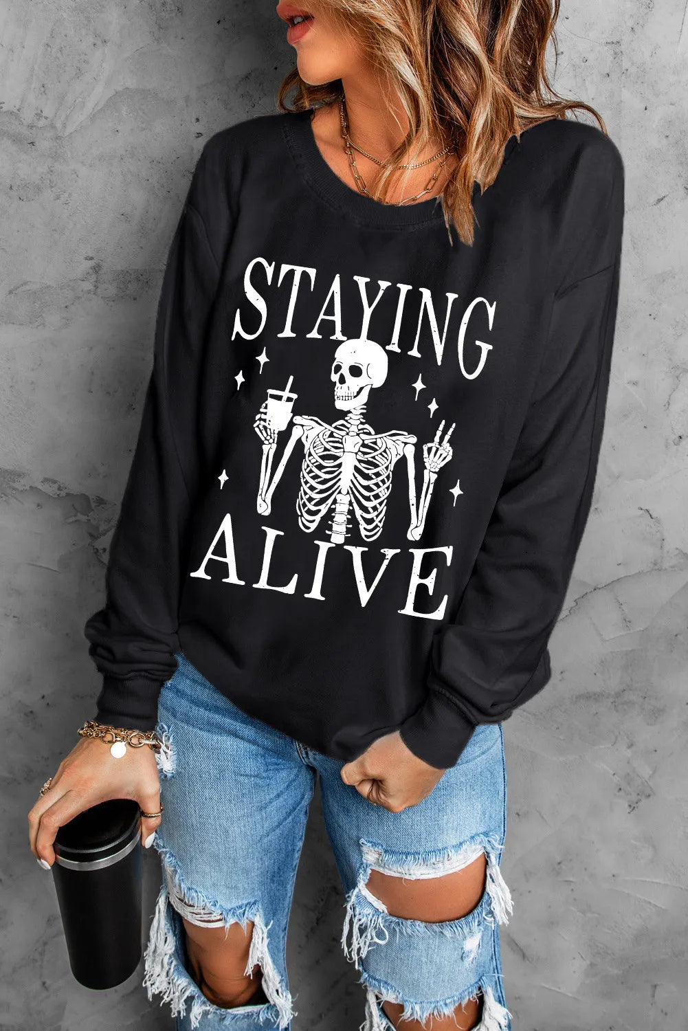 Skull Graphic Round Neck Long Sleeve Sweatshirt Trandify Deal