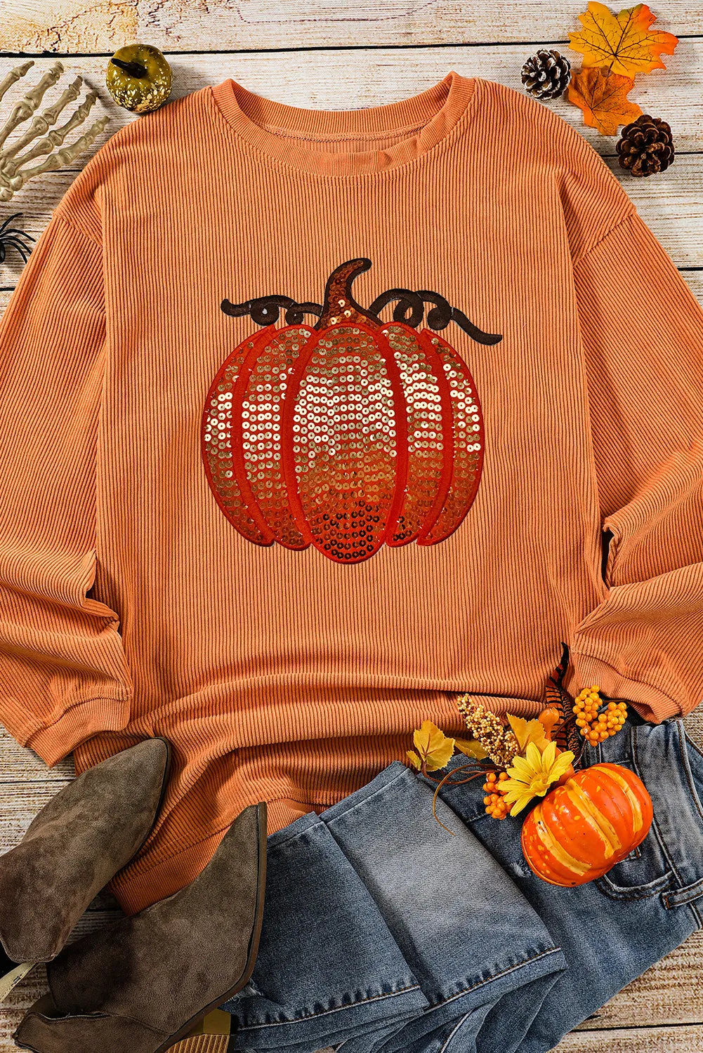 Sequin Pumpkin Round Neck Long Sleeve Sweatshirt Trandify Deal