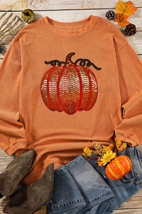 Sequin Pumpkin Round Neck Long Sleeve Sweatshirt Trandify Deal