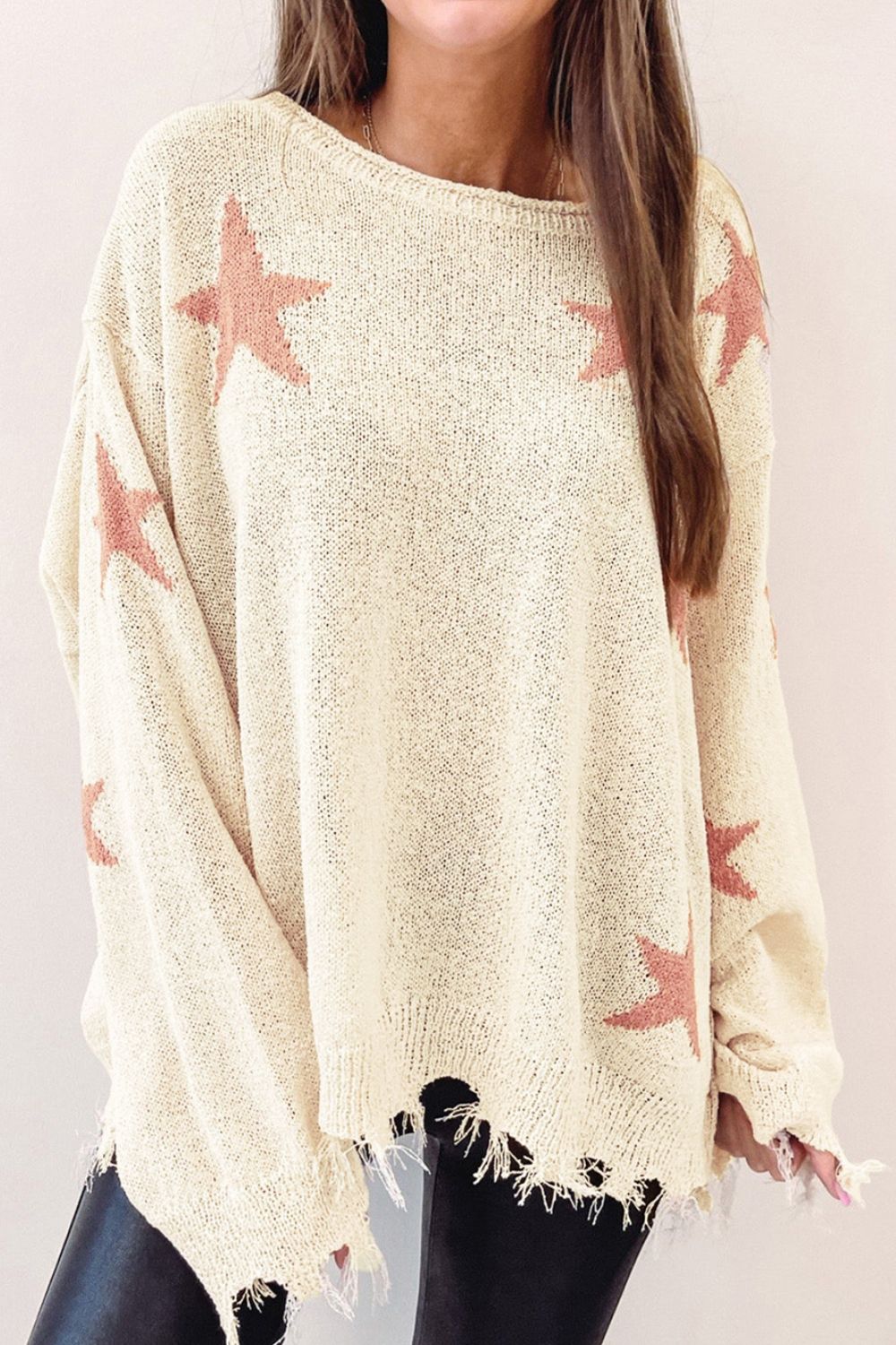 Contrast Star Raw Hem Long Sleeve Knit Top Trandify deal