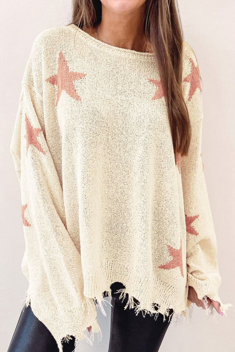 Contrast Star Raw Hem Long Sleeve Knit Top Trandify deal