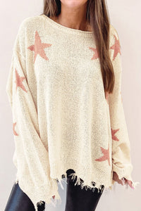 Contrast Star Raw Hem Long Sleeve Knit Top Trandify deal