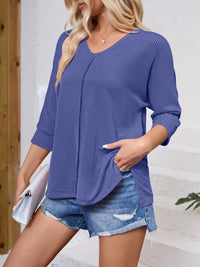 Lovelet Textured Round Neck Three-Quarter Sleeve Blouse Trandify deal