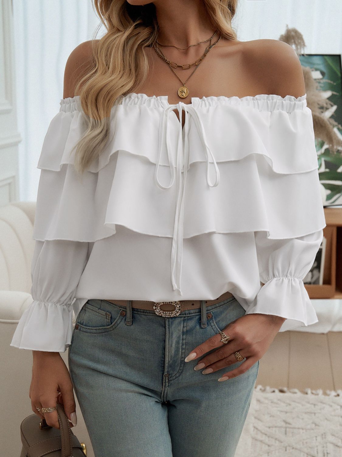 Devine Off-Shoulder Flounce Sleeve Blouse Trandify Deal