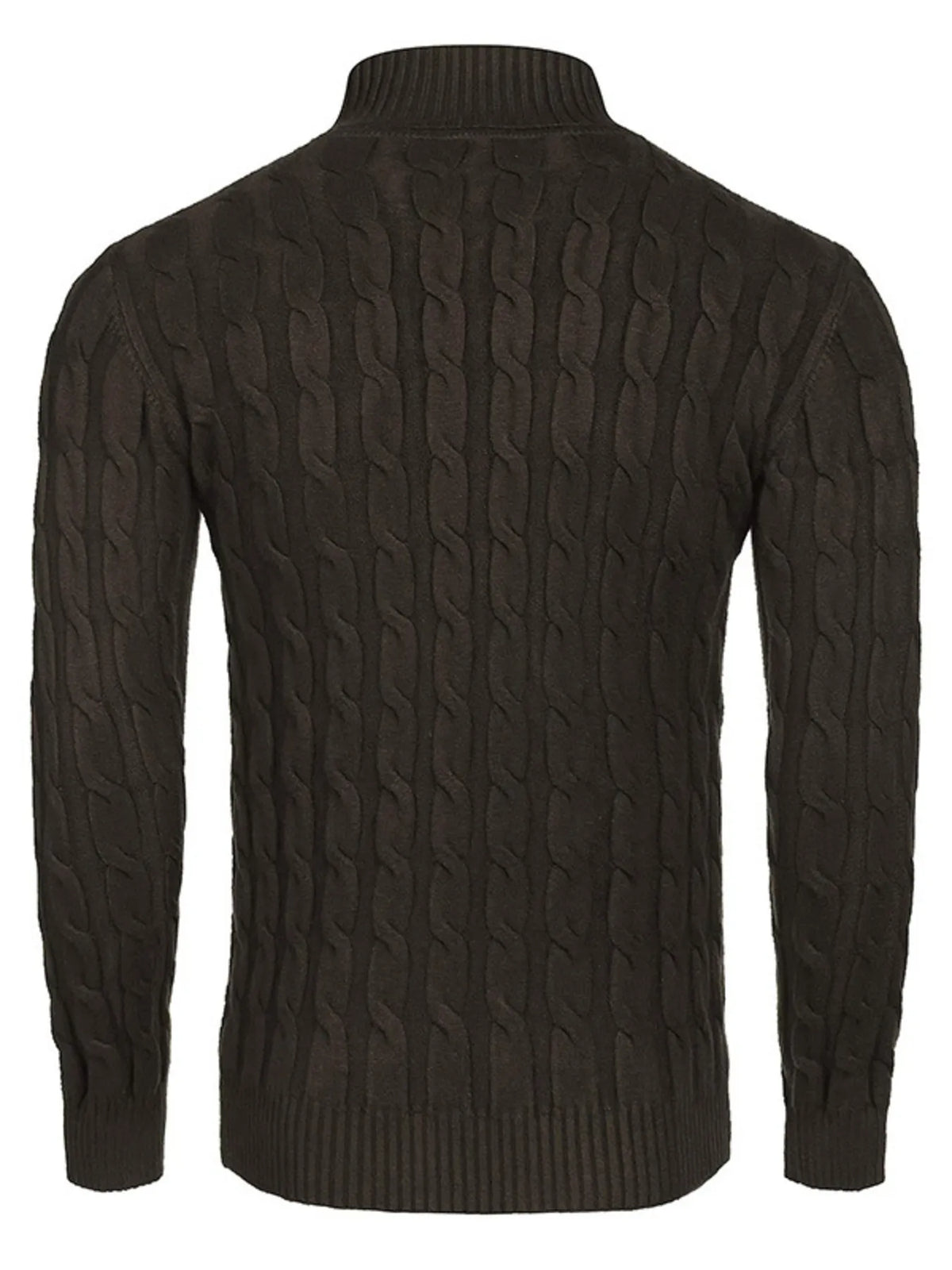 Men's Cable Knit Turtleneck Sweater worn by a model in Brown
