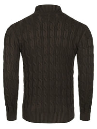 Men's Cable Knit Turtleneck Sweater worn by a model in Brown