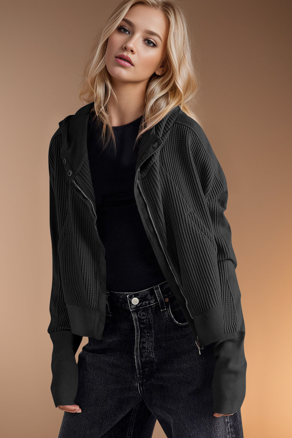 Double Take Waffle-Knit Zip Up Long Sleeve Hooded Jacket Trandify Deal