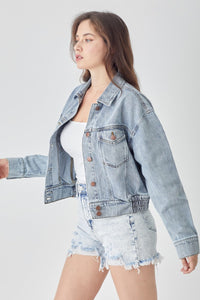 RISEN Full Size Button Down Cropped Denim Jacket Trandify deal