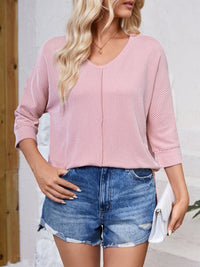 Lovelet Textured Round Neck Three-Quarter Sleeve Blouse Trandify deal